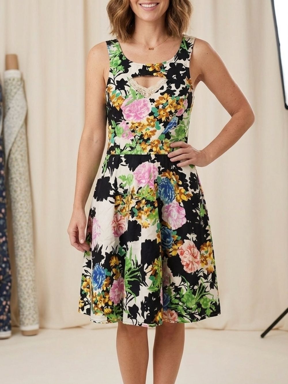 Floral Sleeveless Midi Dress in Black, Cream, Pink, Blue, Green